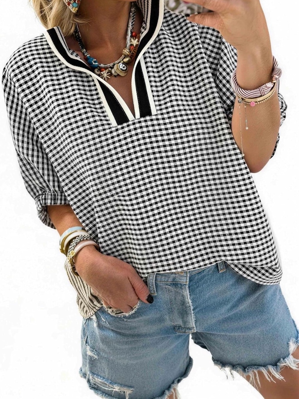 Gingham V-Neck Tunic Top in Black & White